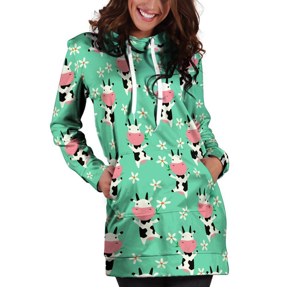 Cute Cow Floral Print Hoodie Dress-grizzshop