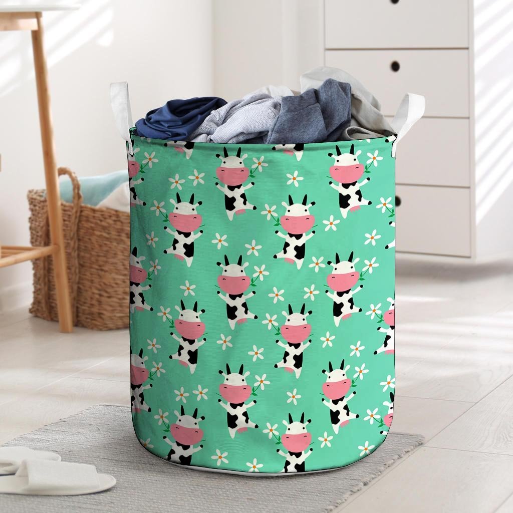 Cute Cow Floral Print Laundry Basket-grizzshop