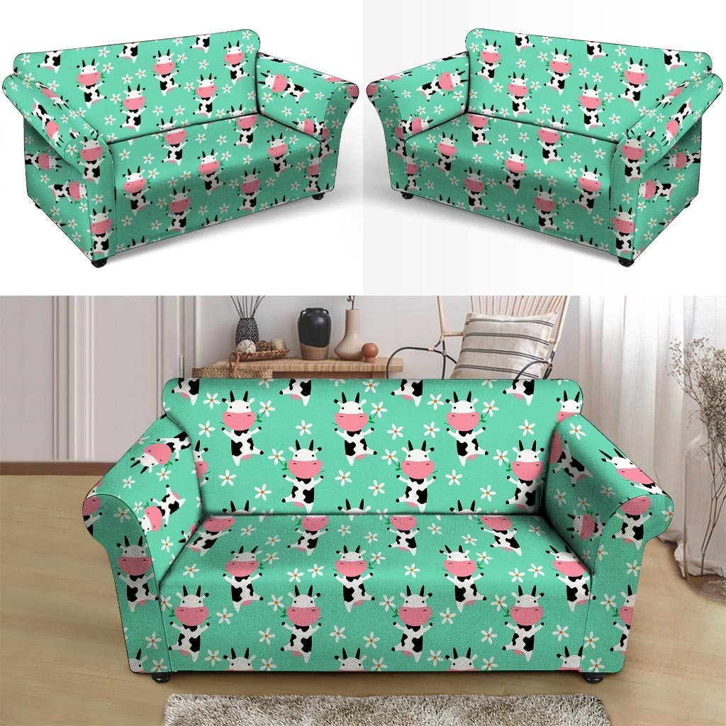 Cute Cow Floral Print Loveseat Cover-grizzshop