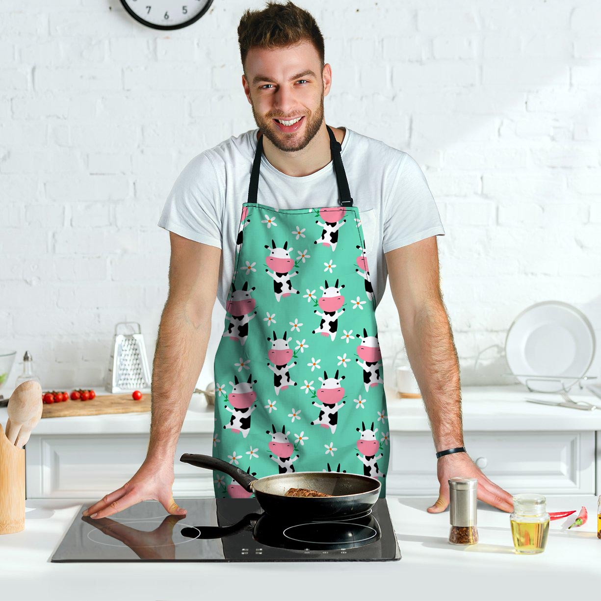 Cute Cow Floral Print Men's Apron-grizzshop