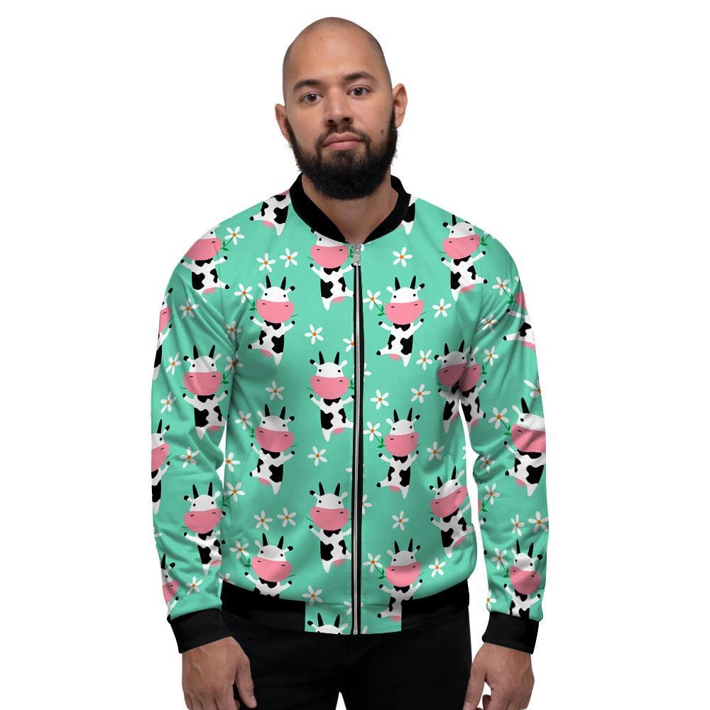 Cute Cow Floral Print Men's Bomber Jacket-grizzshop