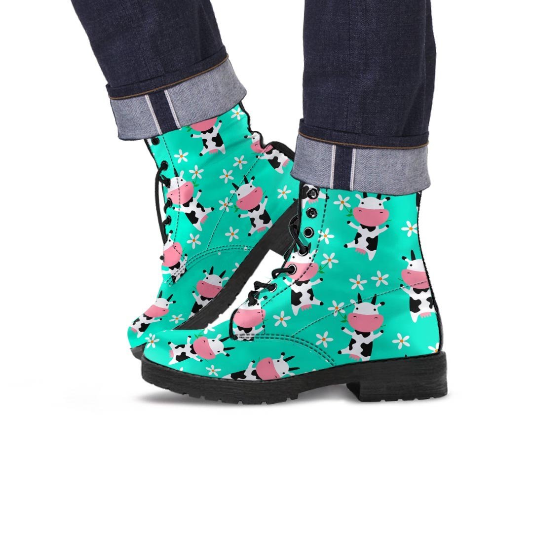 Cute Cow Floral Print Men's Boots-grizzshop