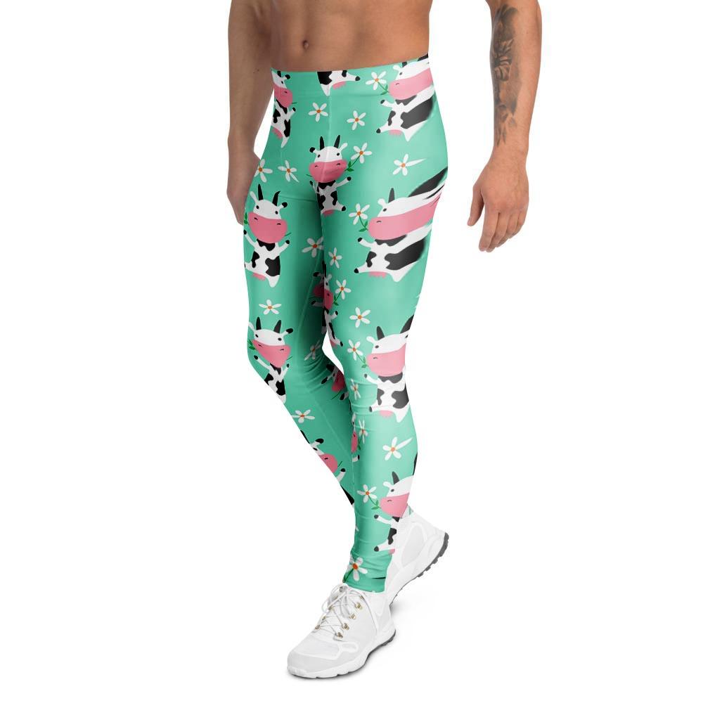 Cute Cow Floral Print Men's Leggings-grizzshop