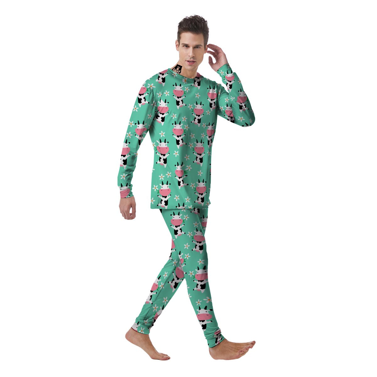 Cute Cow Floral Print Men's Pajamas-grizzshop