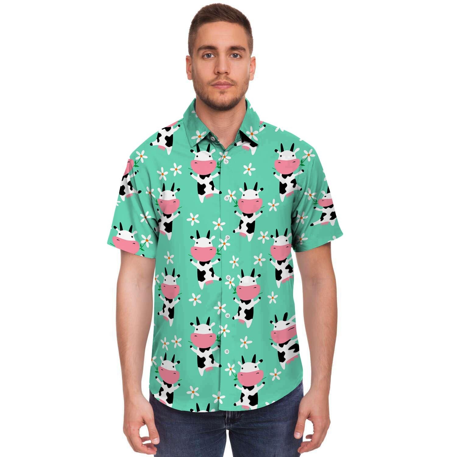 Cute Cow Floral Print Men's Short Sleeve Shirt-grizzshop