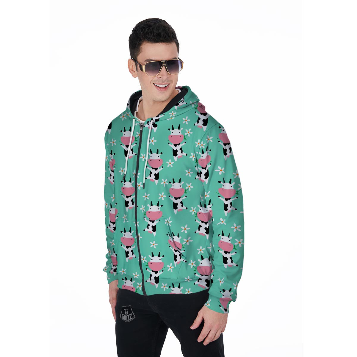 Cute Cow Floral Print Men's Zip Up Hoodie-grizzshop