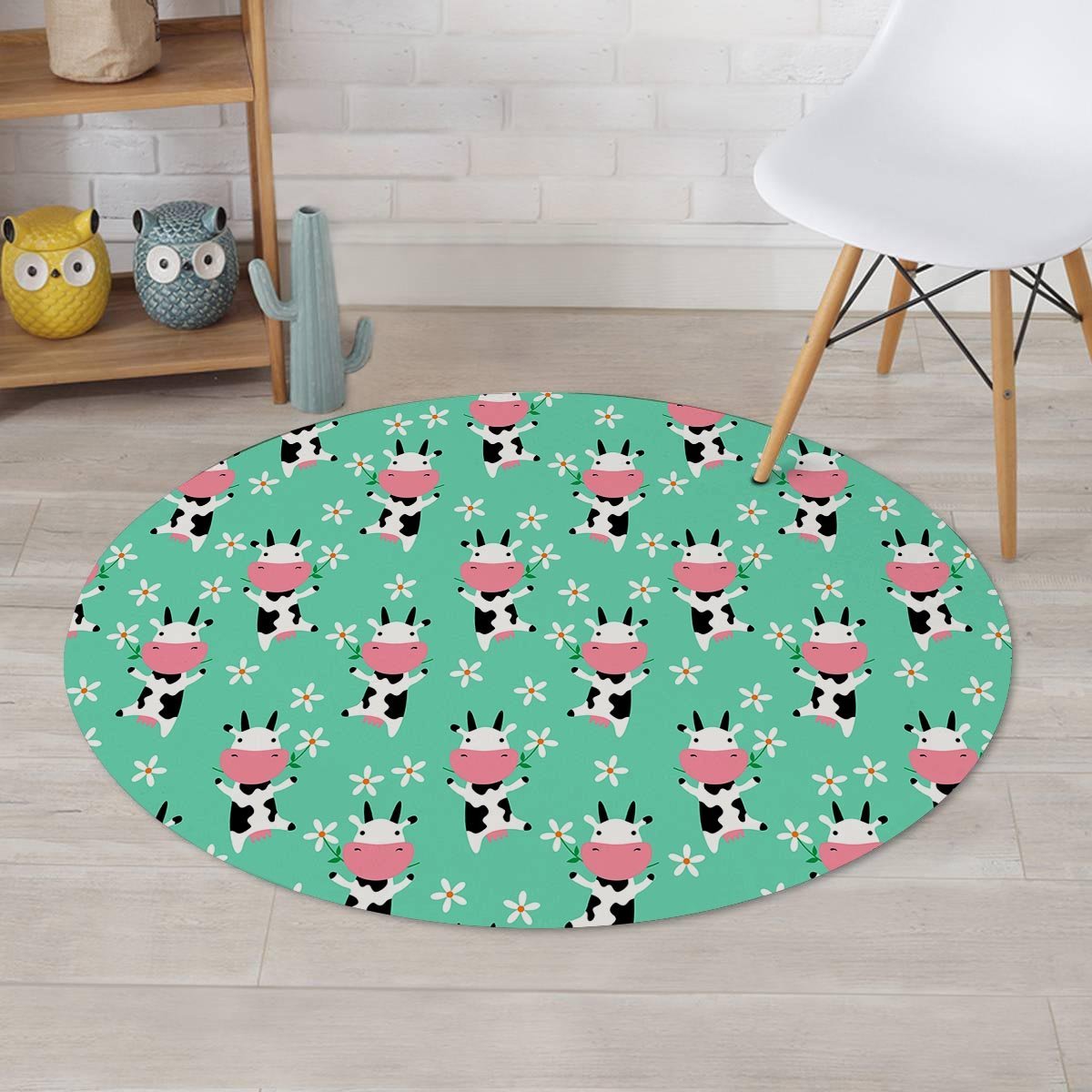 Cute Cow Floral Print Round Rug-grizzshop