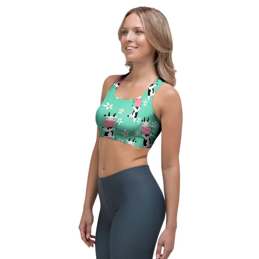 Cute Cow Floral Print Sports Bra-grizzshop