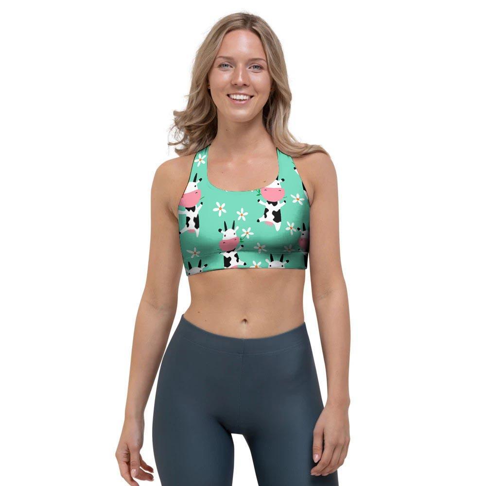 Cute Cow Floral Print Sports Bra-grizzshop