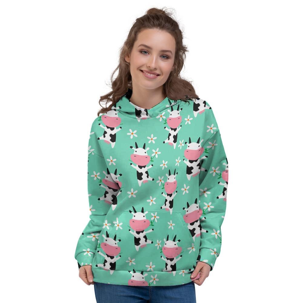 Cute Cow Floral Print Women's Hoodie-grizzshop