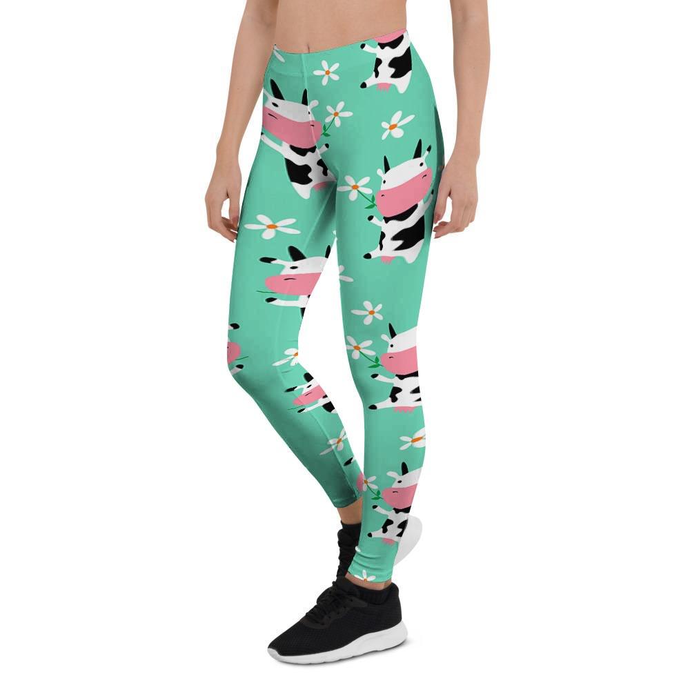 Cute Cow Floral Print Women's Leggings-grizzshop