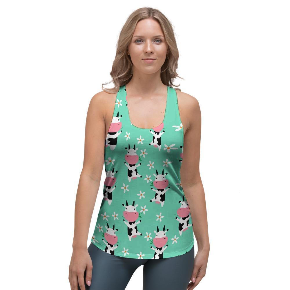Cute Cow Floral Print Women's Racerback Tank Top-grizzshop