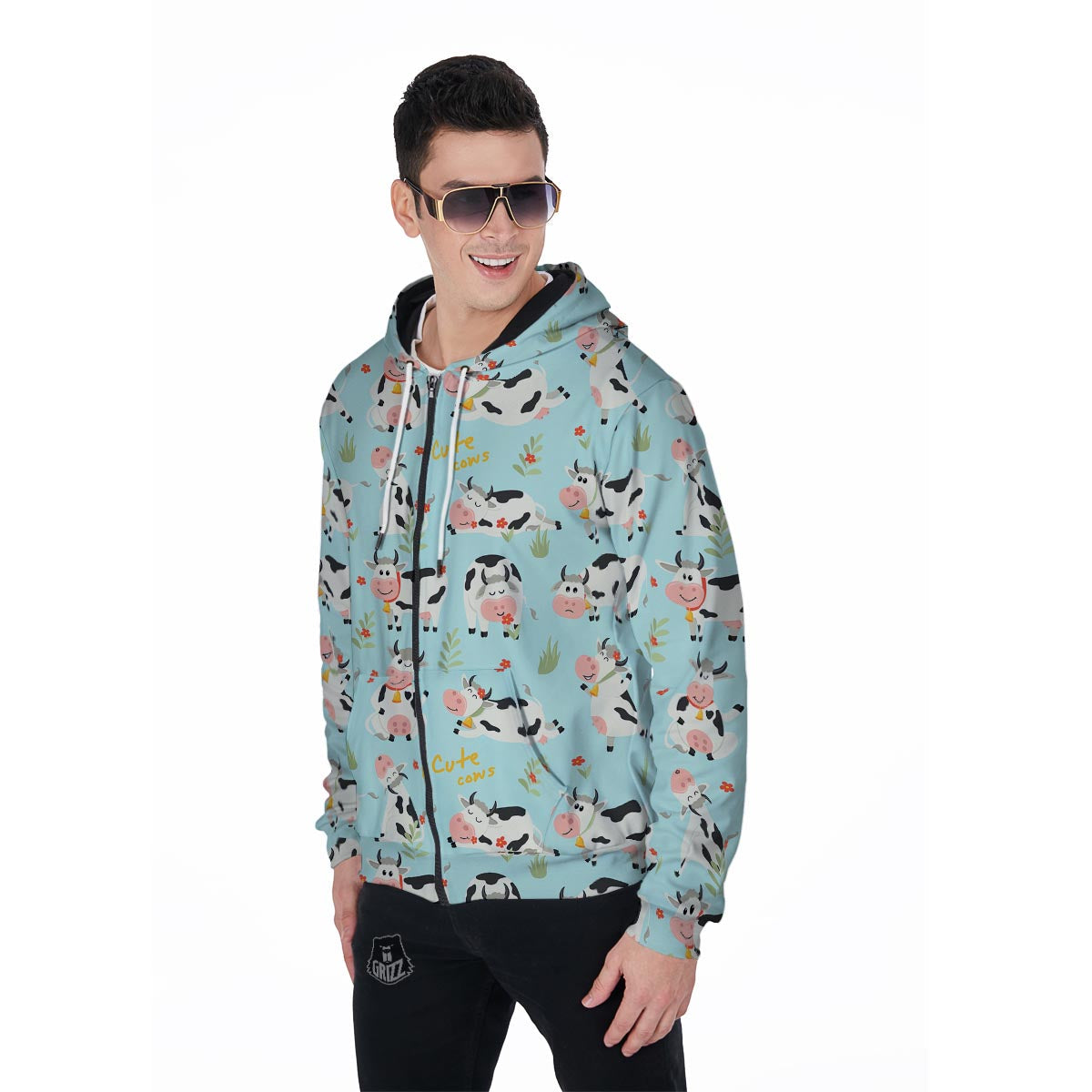 Cute Cow Print Men's Zip Up Hoodie-grizzshop