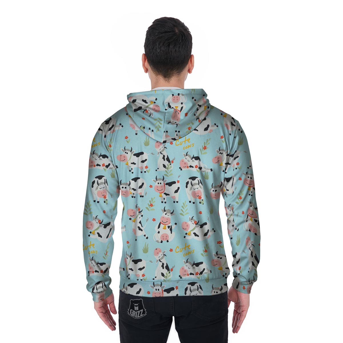 Cute Cow Print Men's Zip Up Hoodie-grizzshop