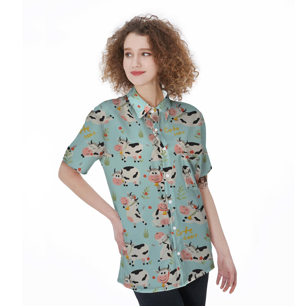 Cute Cow Print Women's Short Sleeve Shirts-grizzshop