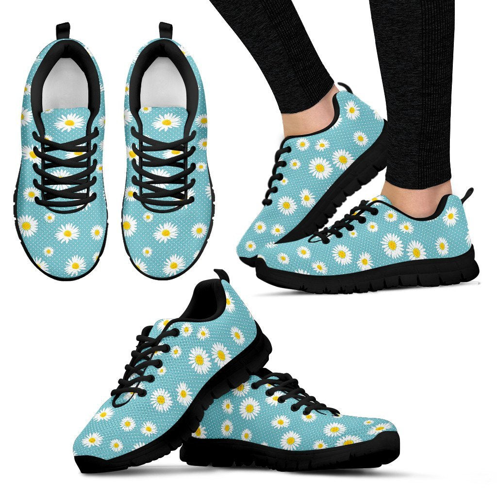 Cute Daisy Polkadot Pattern Print Black Sneaker Shoes For Men Women-grizzshop