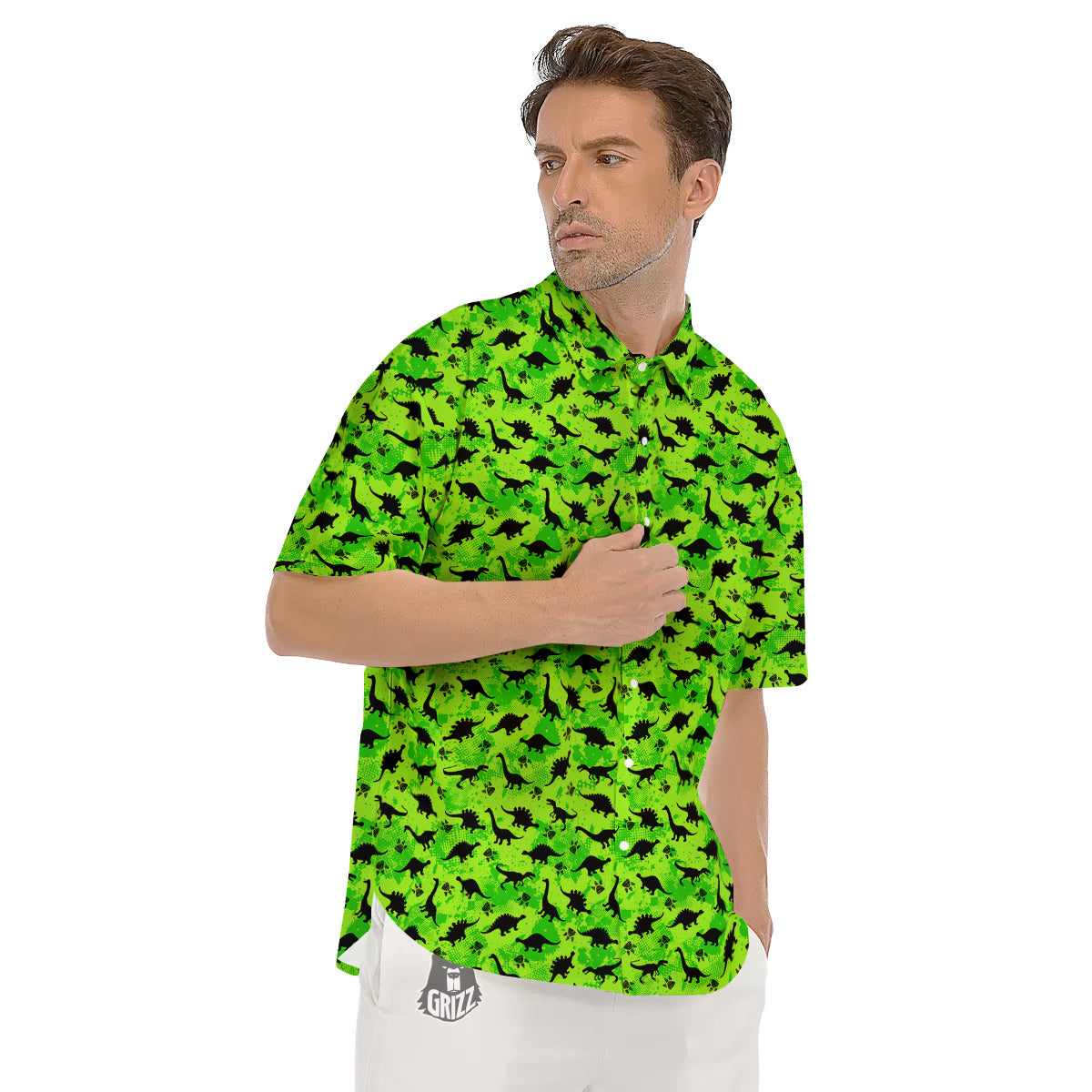 Cute Dino Green Print Pattern Men's Short Sleeve Shirts-grizzshop