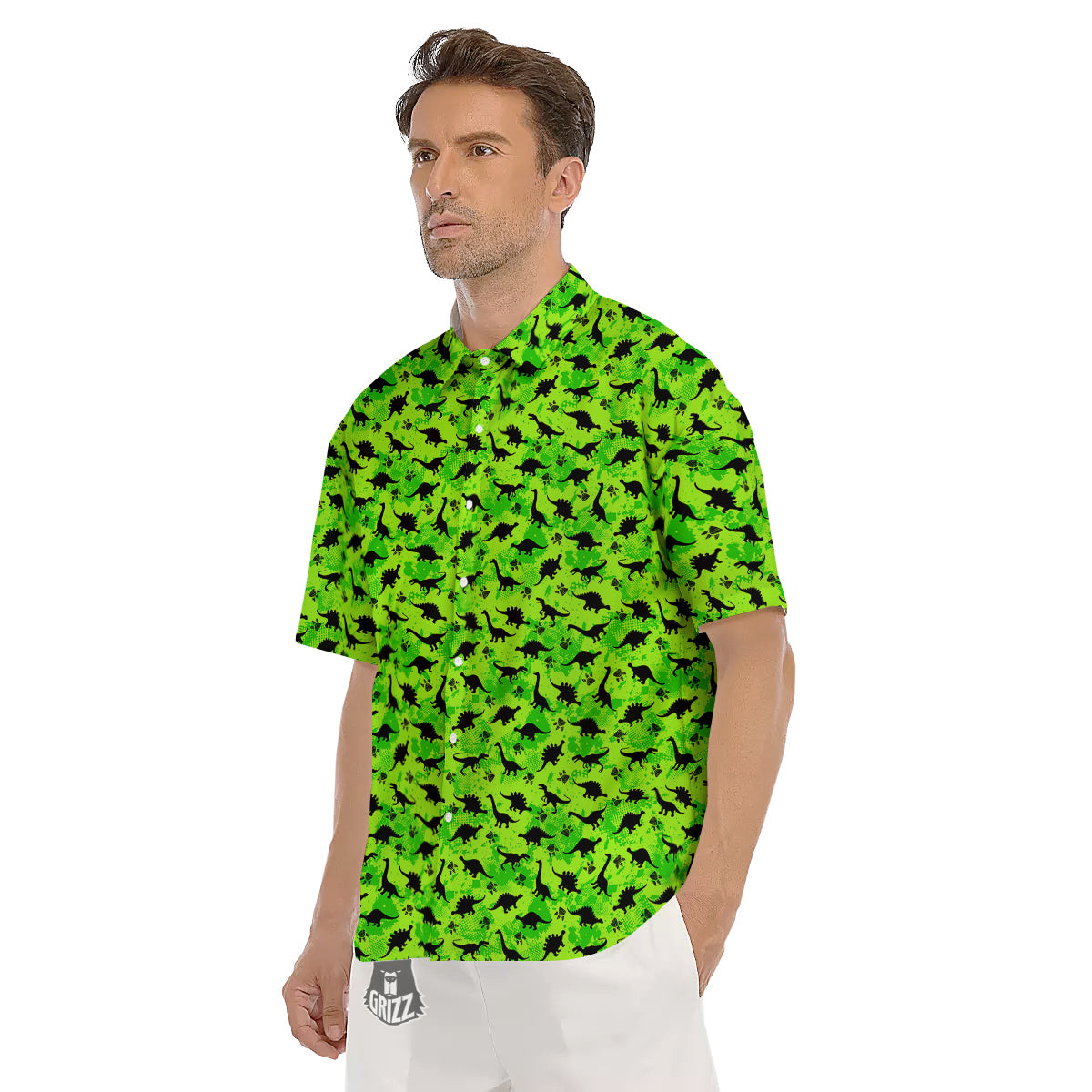 Cute Dino Green Print Pattern Men's Short Sleeve Shirts-grizzshop