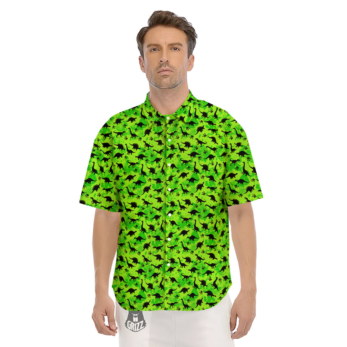 Cute Dino Green Print Pattern Men's Short Sleeve Shirts-grizzshop