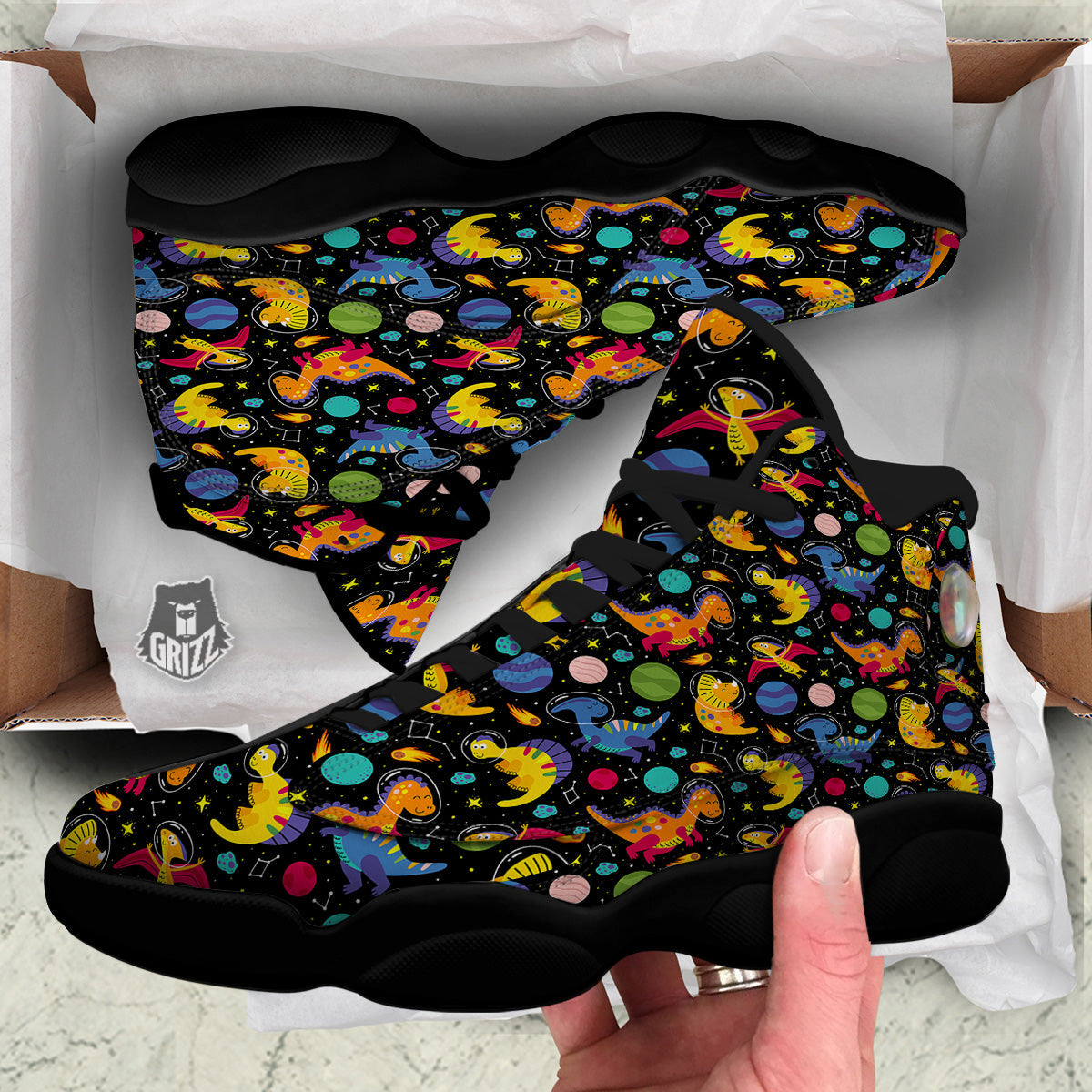 Cute Dinosaurs In Space Print Pattern Black Basketball Shoes-grizzshop