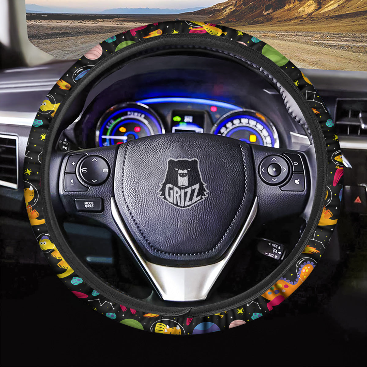 Cute Dinosaurs In Space Print Pattern Car Steering Wheel Cover-grizzshop