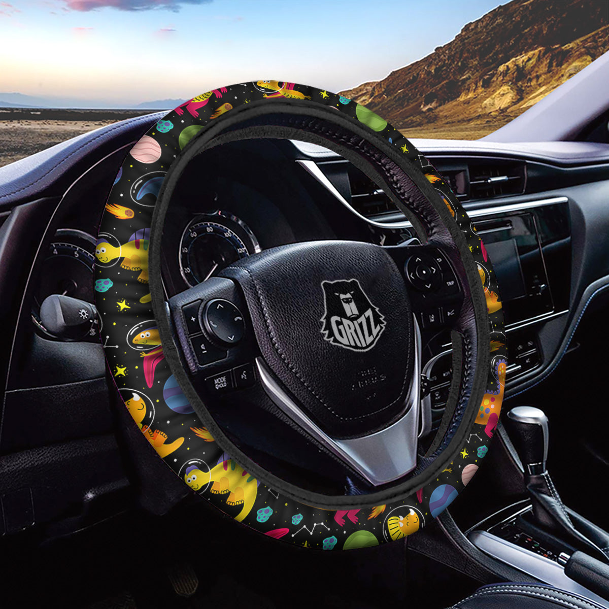 Cute Dinosaurs In Space Print Pattern Car Steering Wheel Cover-grizzshop