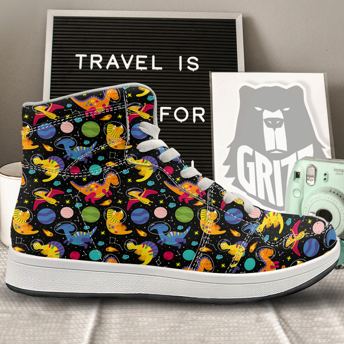 Cute Dinosaurs In Space Print Pattern High Top Sneakers-grizzshop