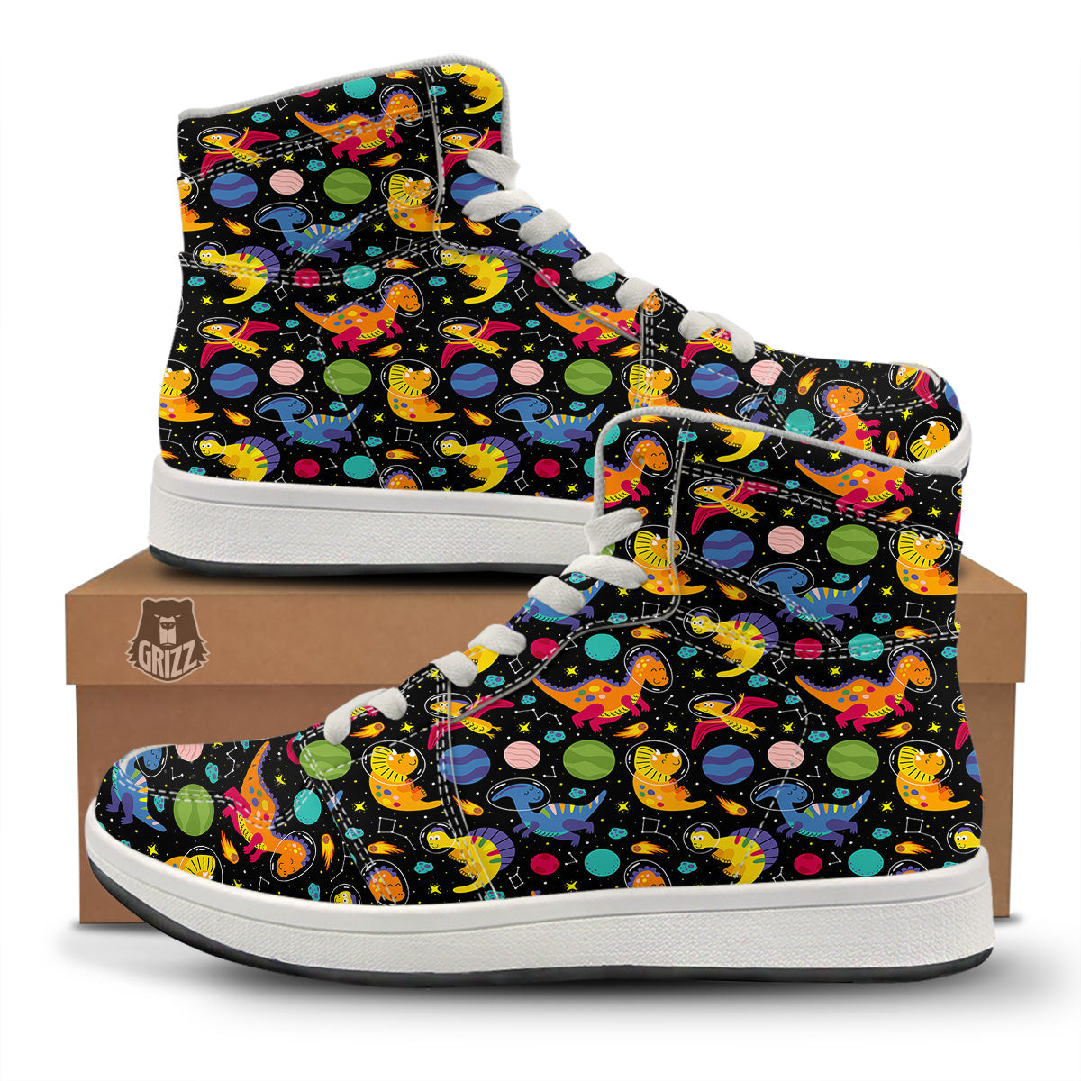 Cute Dinosaurs In Space Print Pattern High Top Sneakers-grizzshop