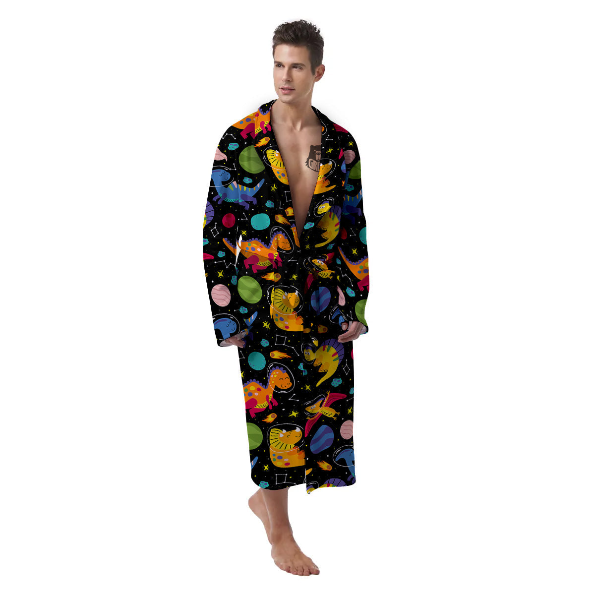Cute Dinosaurs In Space Print Pattern Men's Robe-grizzshop