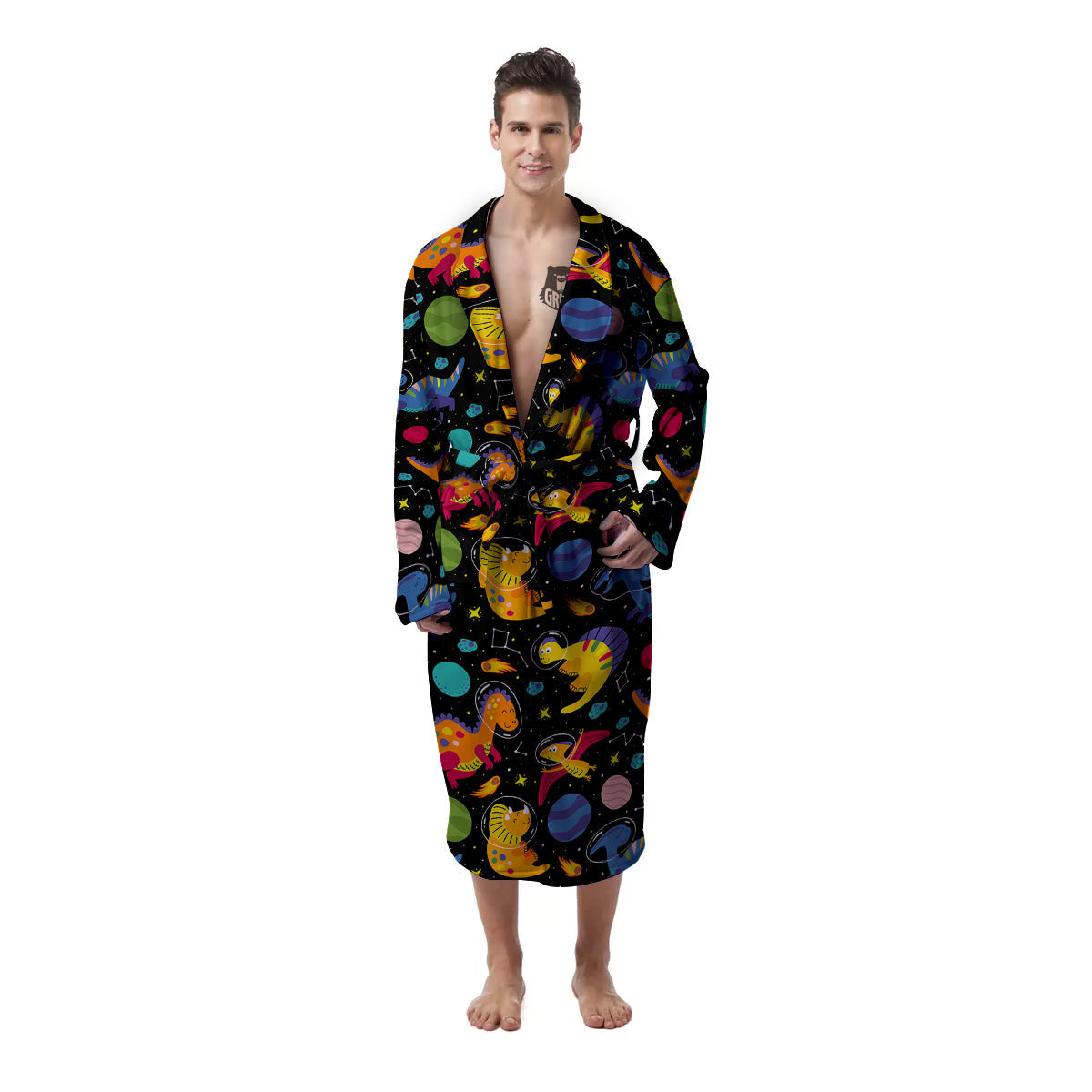 Cute Dinosaurs In Space Print Pattern Men's Robe-grizzshop
