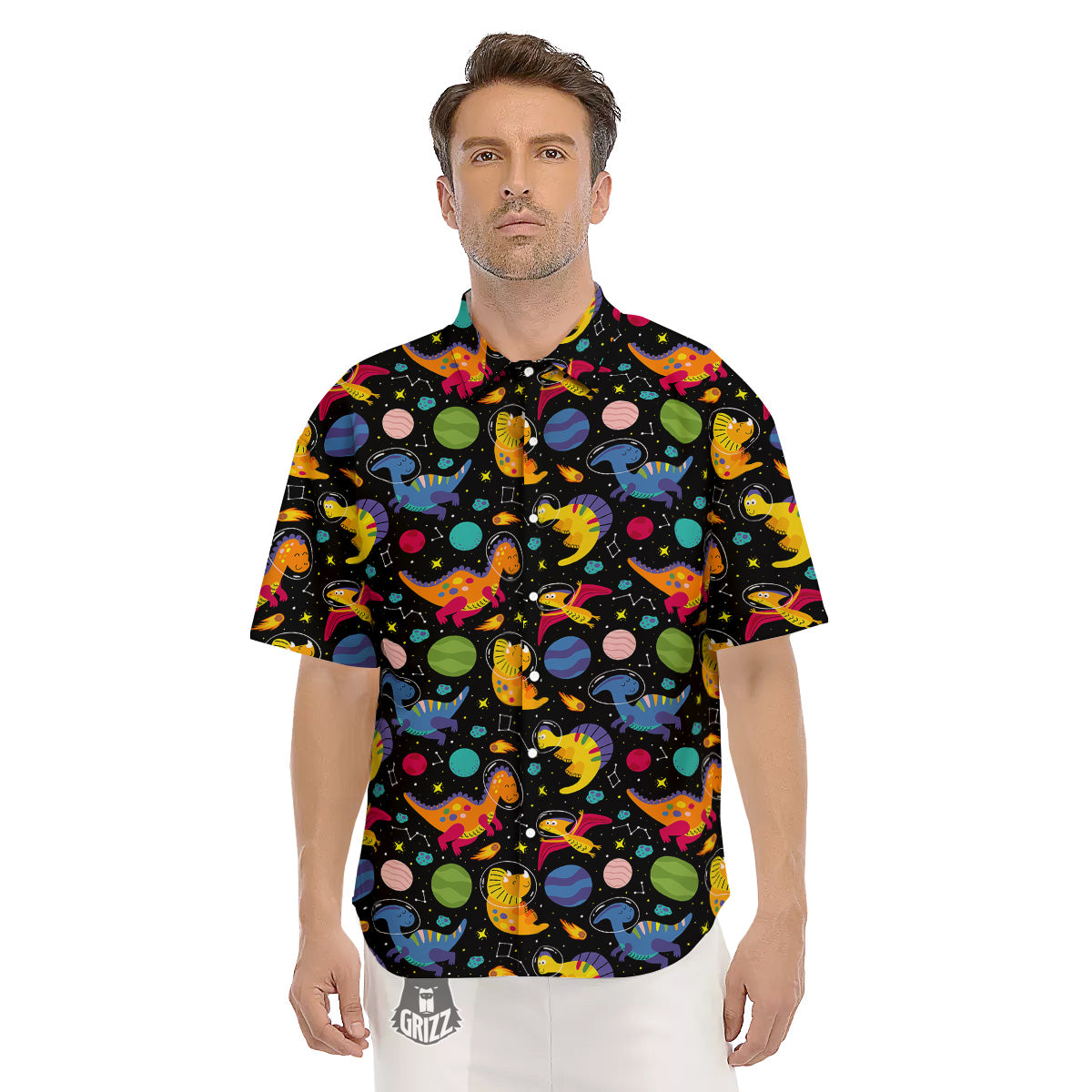 Cute Dinosaurs In Space Print Pattern Men's Short Sleeve Shirts-grizzshop