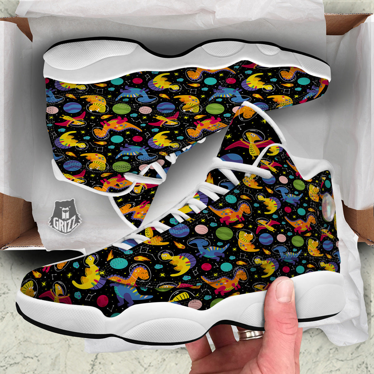 Cute Dinosaurs In Space Print Pattern White Basketball Shoes-grizzshop
