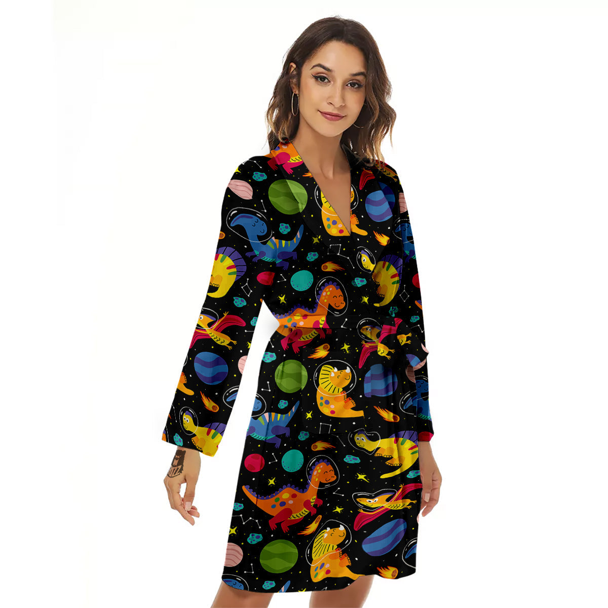 Cute Dinosaurs In Space Print Pattern Women's Robe-grizzshop