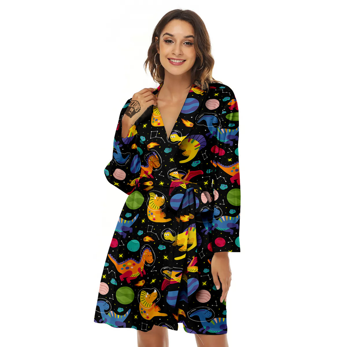 Cute Dinosaurs In Space Print Pattern Women's Robe-grizzshop