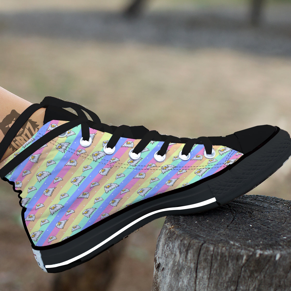 Cute Eagle Rainbow Print Pattern Black High Top Shoes-grizzshop