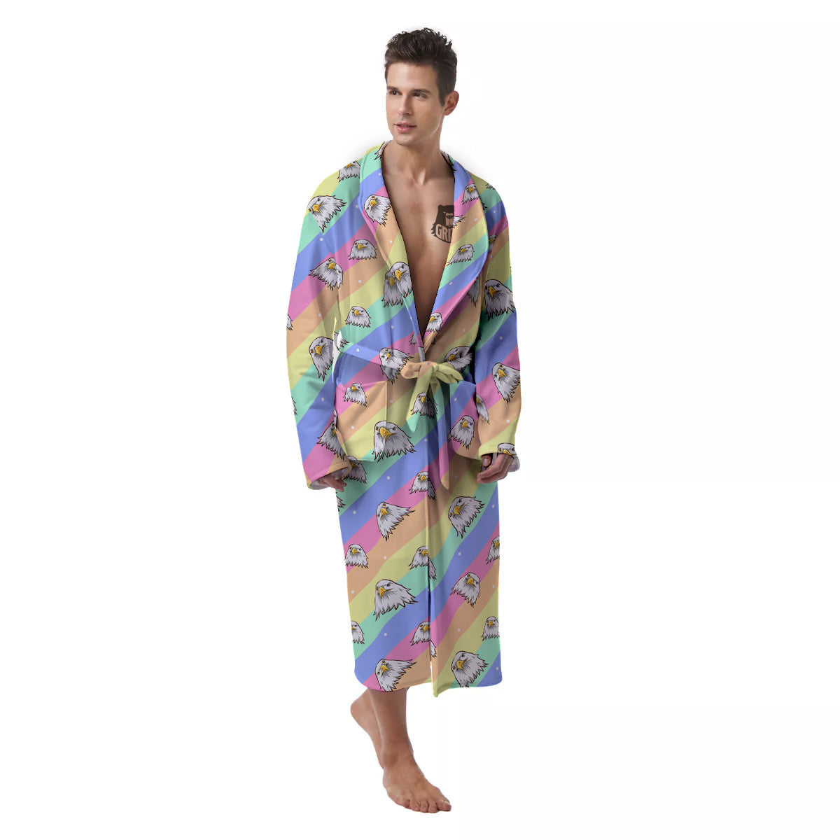 Cute Eagle Rainbow Print Pattern Men's Robe-grizzshop