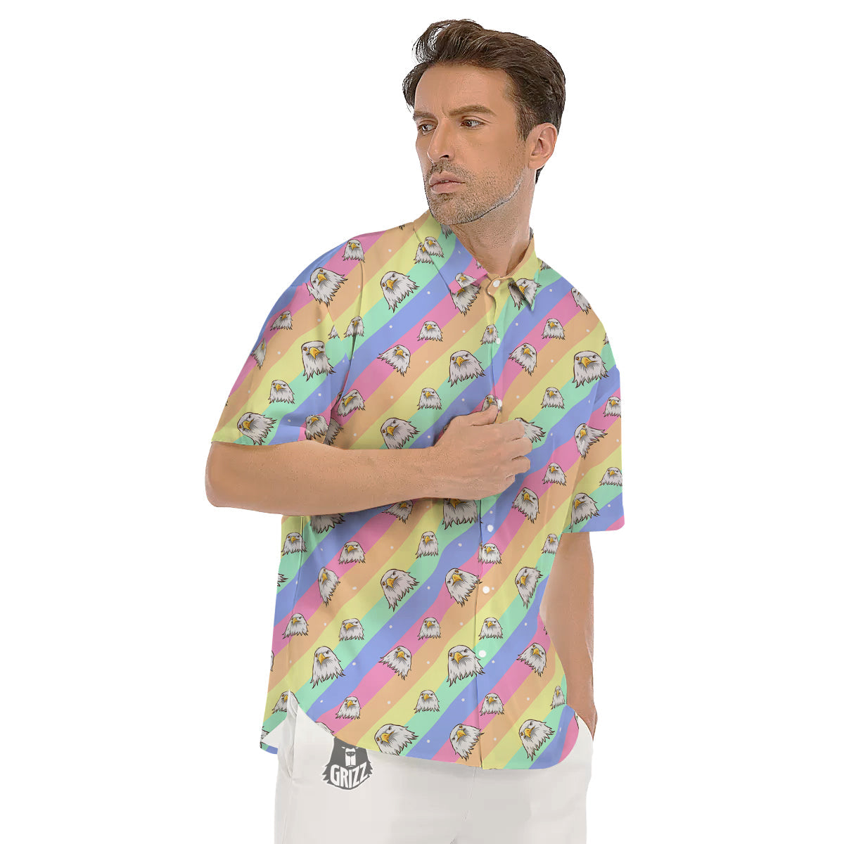 Cute Eagle Rainbow Print Pattern Men's Short Sleeve Shirts-grizzshop