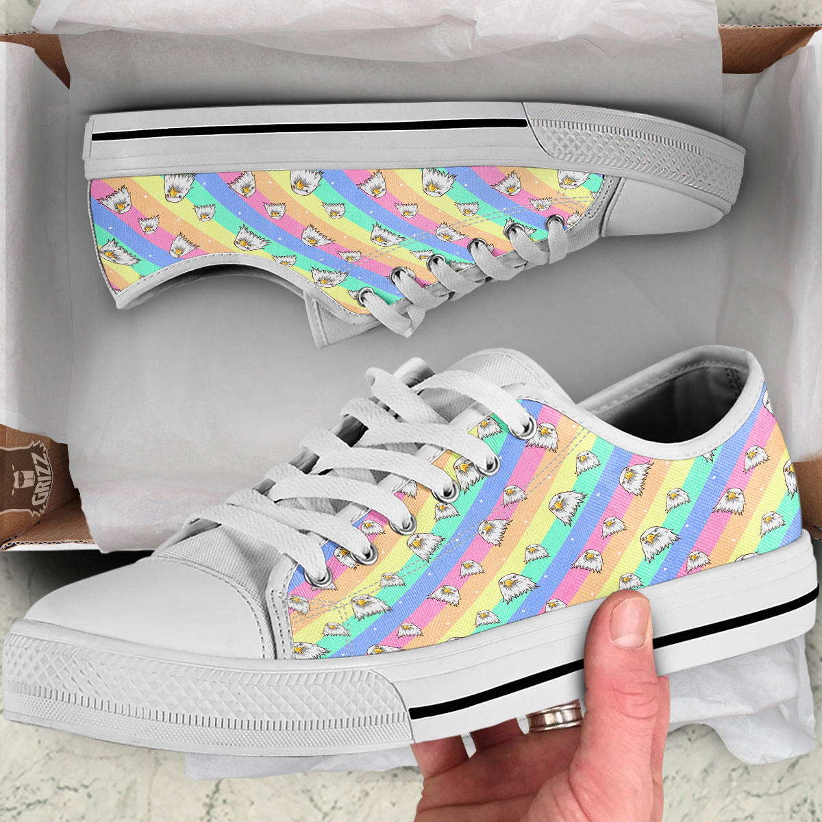 Cute Eagle Rainbow Print Pattern White Low Top Shoes-grizzshop