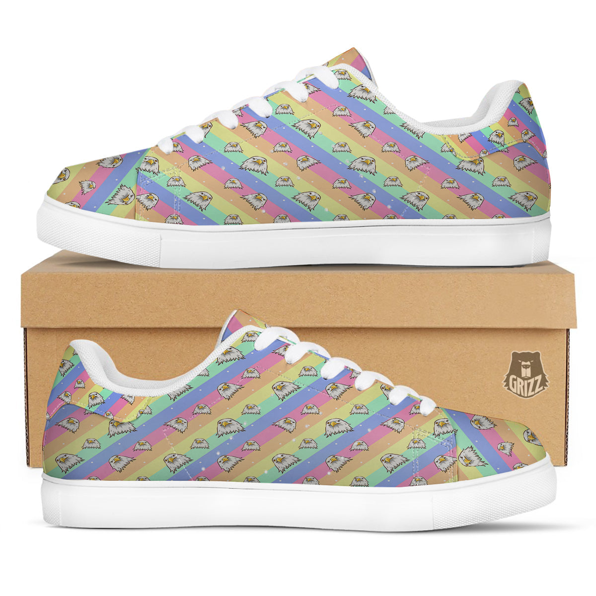 Cute Eagle Rainbow Print Pattern White Low Top Sneakers-grizzshop