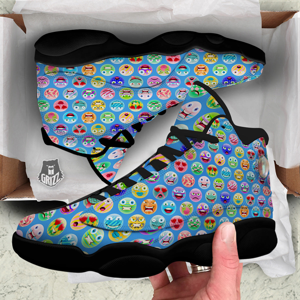 Cute Emoji Blue Print Pattern Black Basketball Shoes-grizzshop