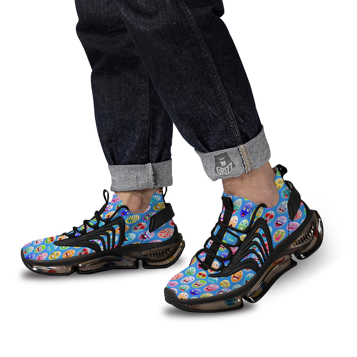 Cute Emoji Blue Print Pattern Black Gym Shoes-grizzshop