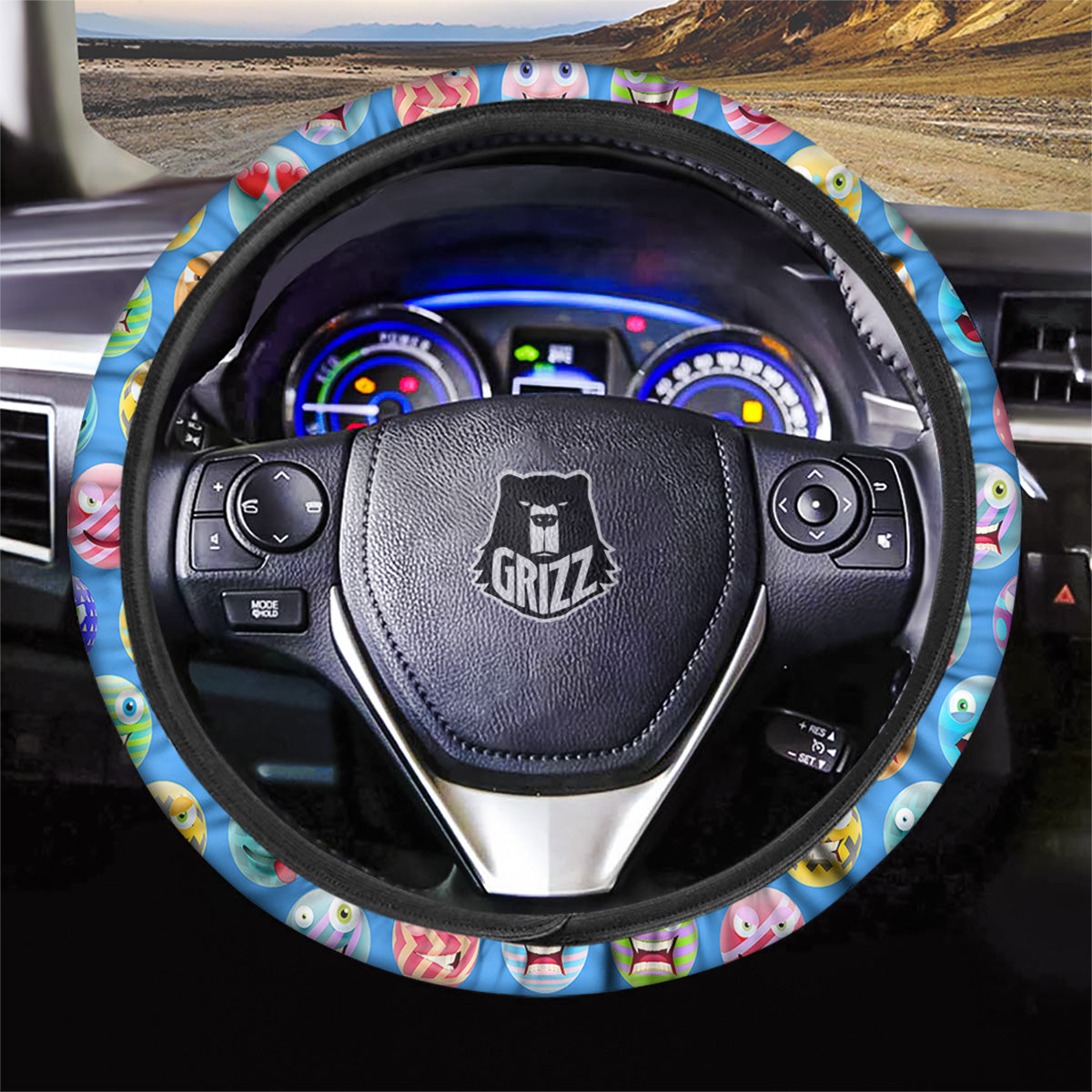 Cute Emoji Blue Print Pattern Car Steering Wheel Cover-grizzshop