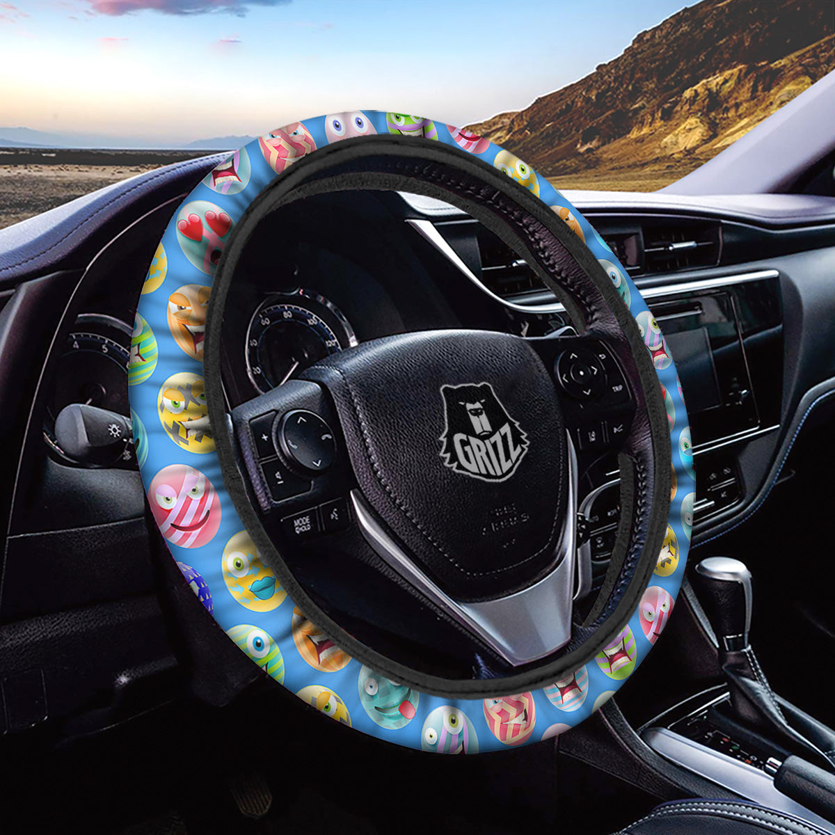 Cute Emoji Blue Print Pattern Car Steering Wheel Cover-grizzshop