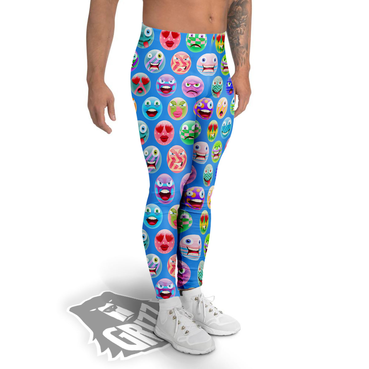 Cute Emoji Blue Print Pattern Men's Leggings-grizzshop