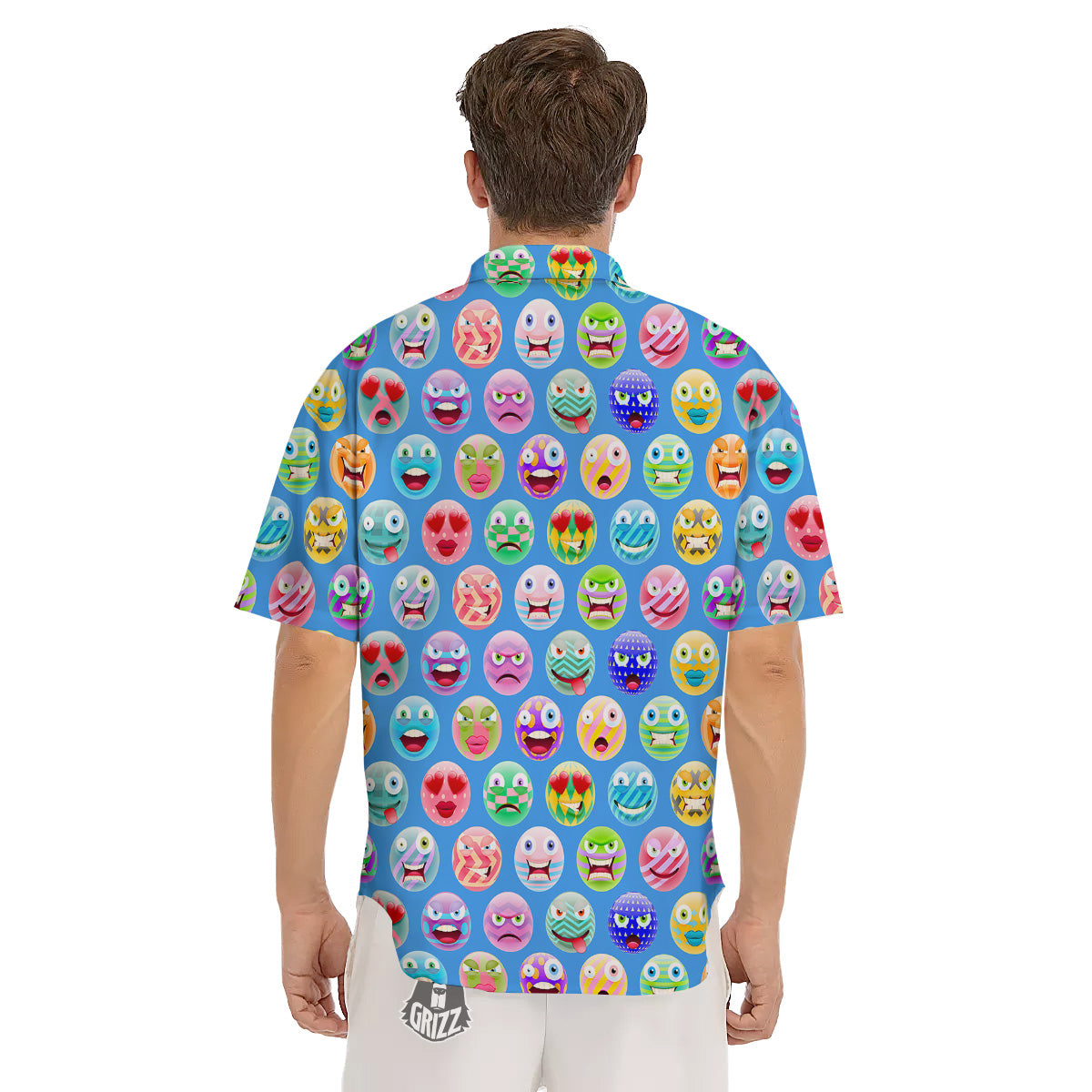 Cute Emoji Blue Print Pattern Men's Short Sleeve Shirts-grizzshop