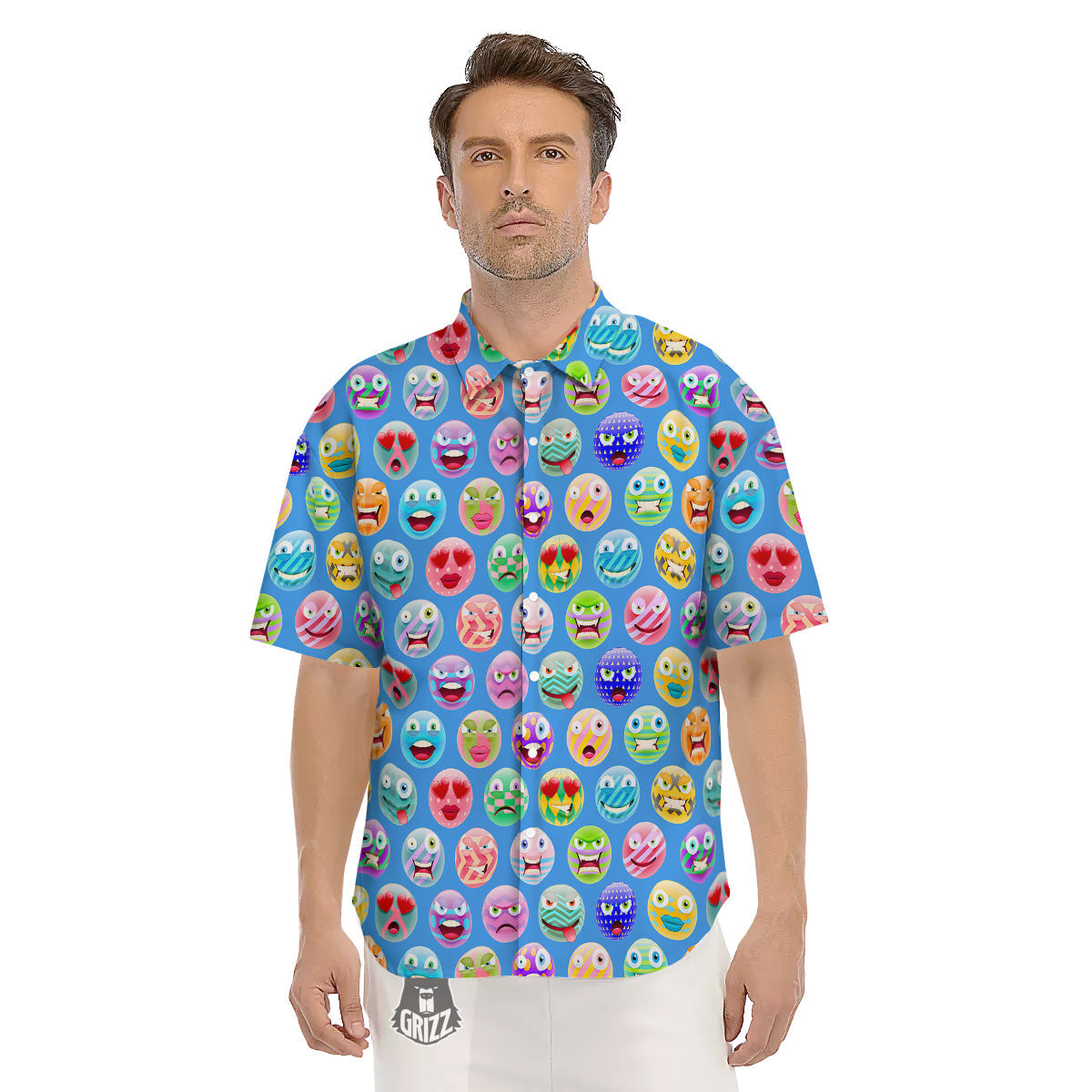 Cute Emoji Blue Print Pattern Men's Short Sleeve Shirts-grizzshop