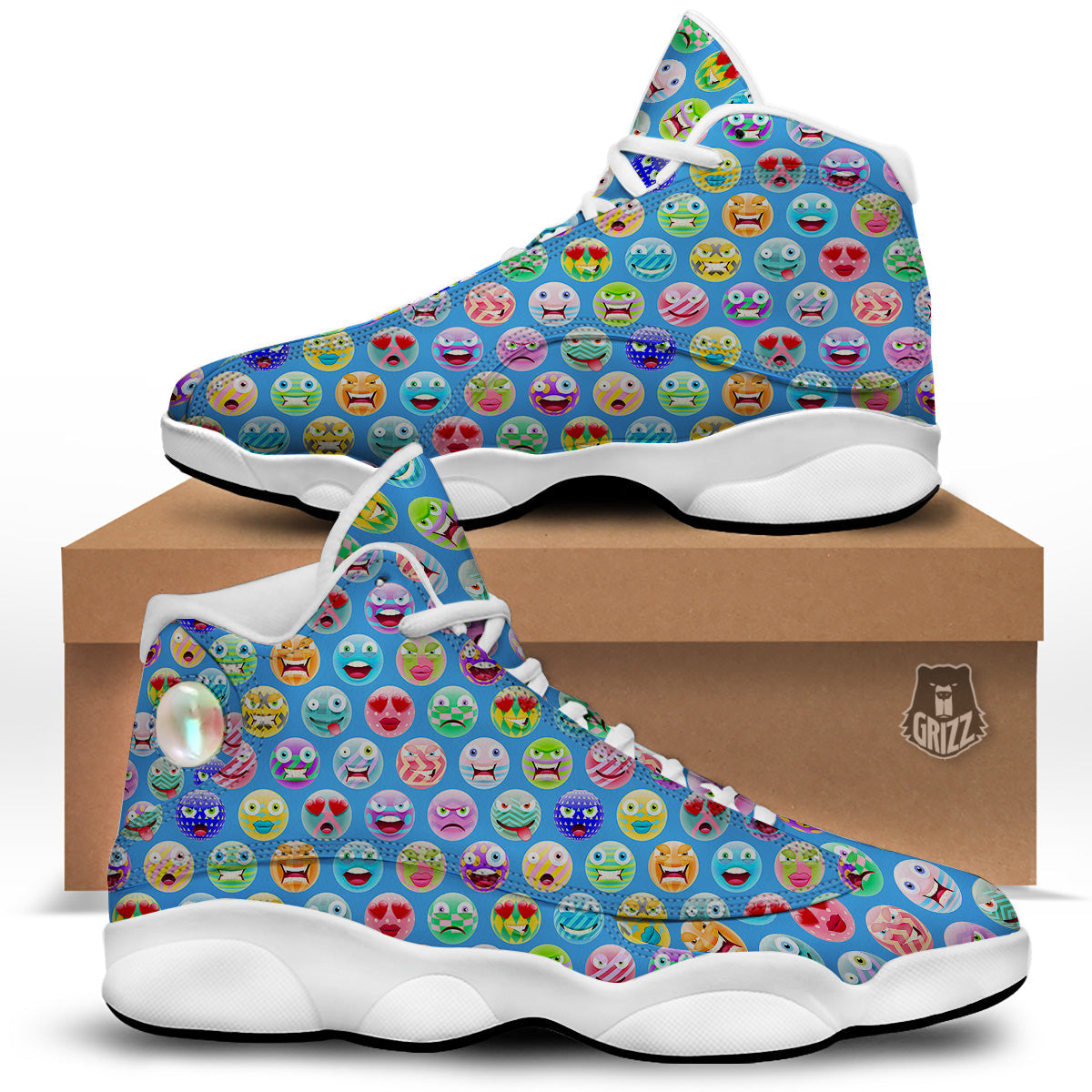 Cute Emoji Blue Print Pattern White Basketball Shoes-grizzshop