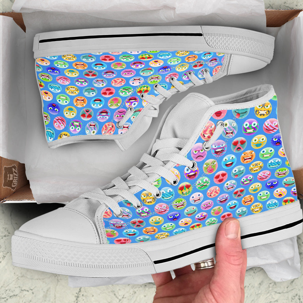 Cute Emoji Blue Print Pattern White High Top Shoes-grizzshop