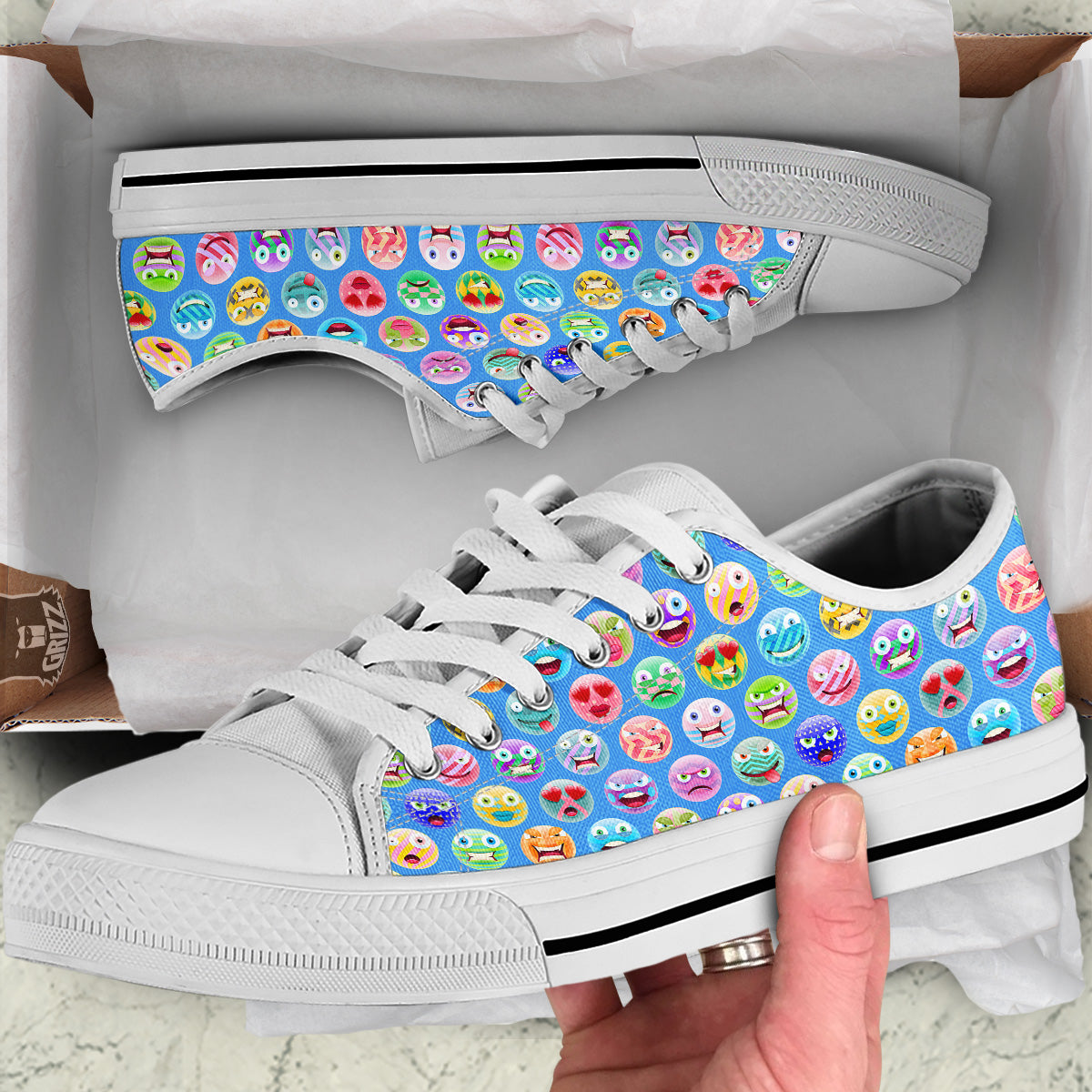 Cute Emoji Blue Print Pattern White Low Top Shoes-grizzshop