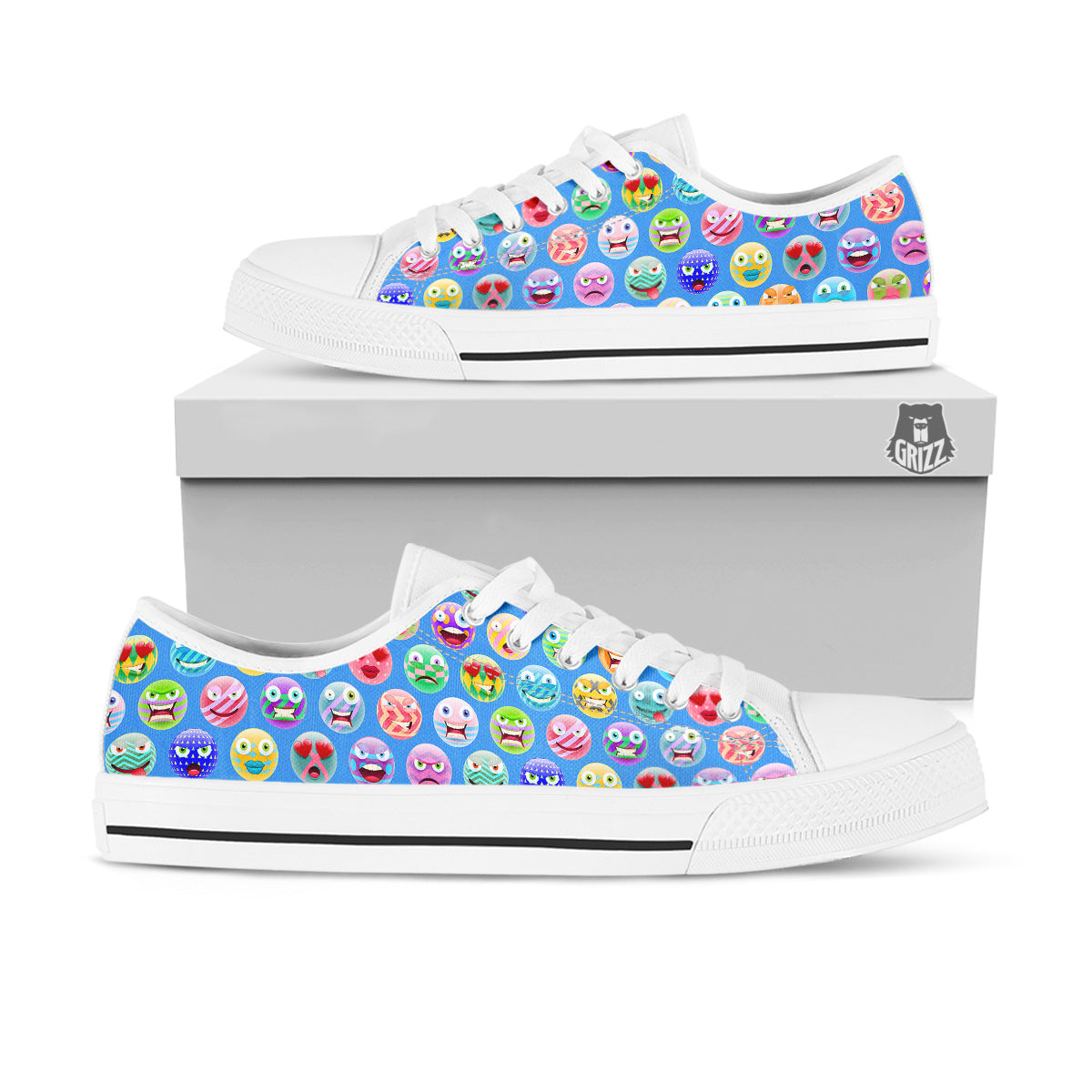 Cute Emoji Blue Print Pattern White Low Top Shoes-grizzshop